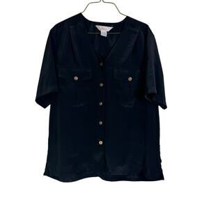 Fashion‎ Attitudes VINTAGE black Silky Short Sleeve blouse gold metal Buttons